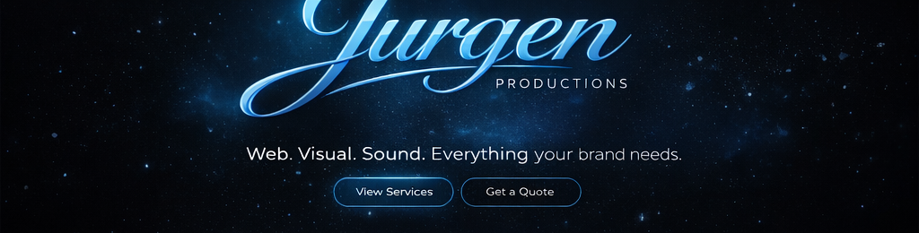 Jurgen Productions hero with logo, headline, and call-to-action buttons.