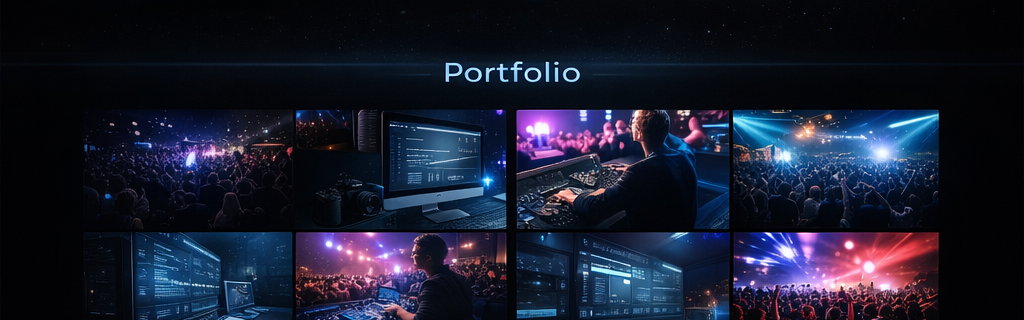 Portfolio collage of past work and event visuals.