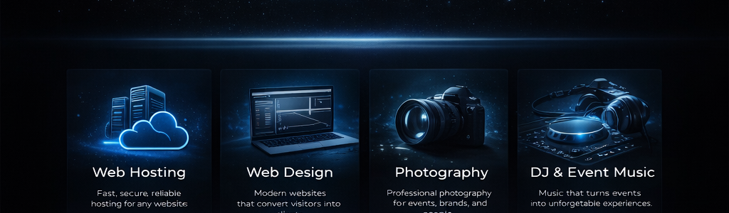 Services: Web Hosting, Web Design, Photography, and DJ and Event Music.